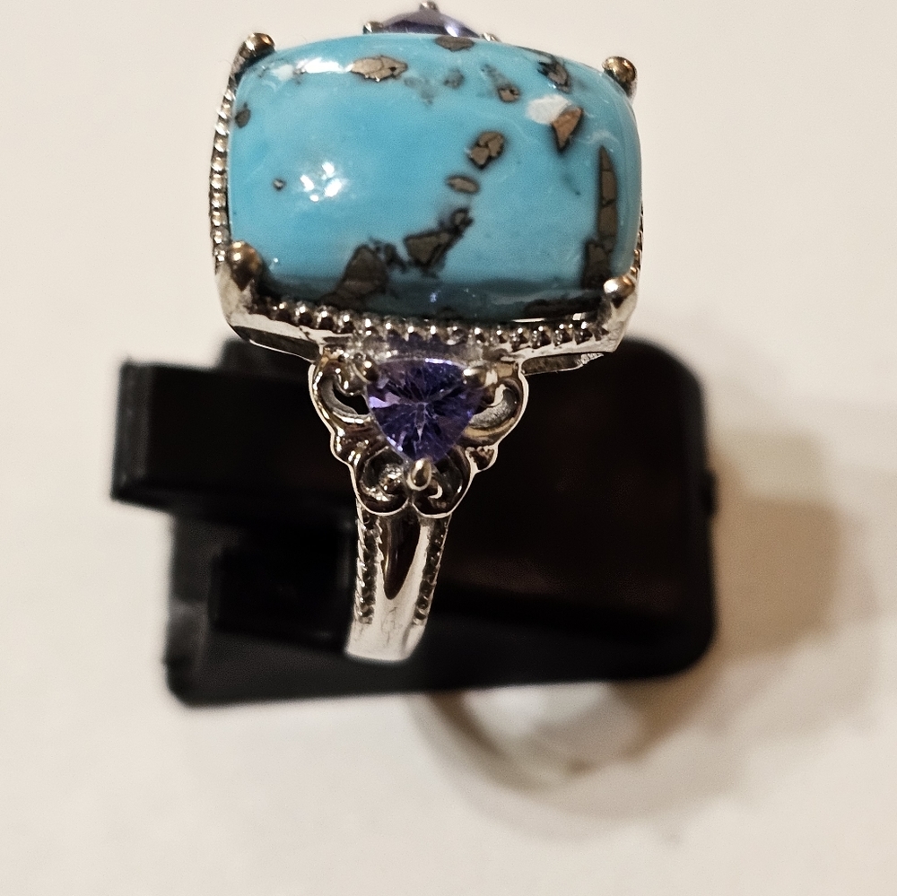 Natural Turquoise Pyrite & Tanzanite Ring in Platinum/925 Sz 9! - Picture 4 of 7
